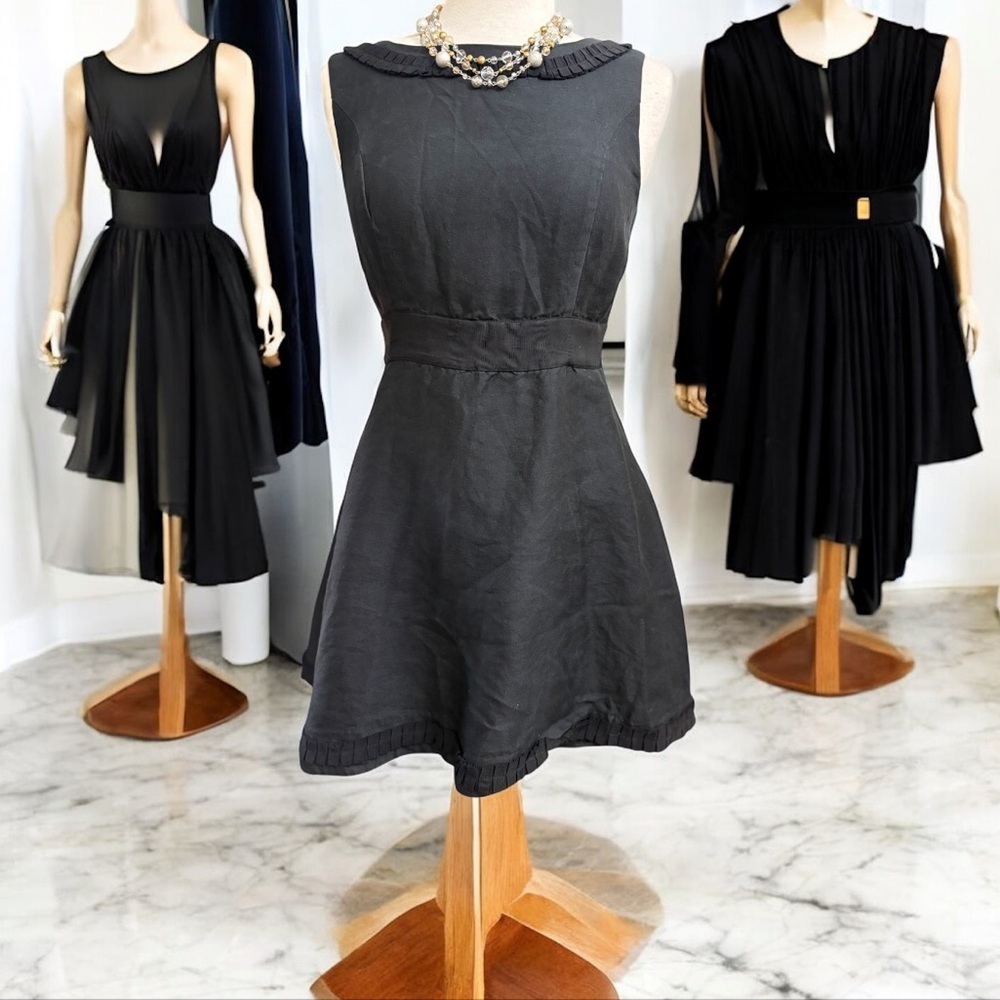 STS Sail to Sable Black Silk Blend Sleeveless Pleated Ruffle Trim Mini Dress